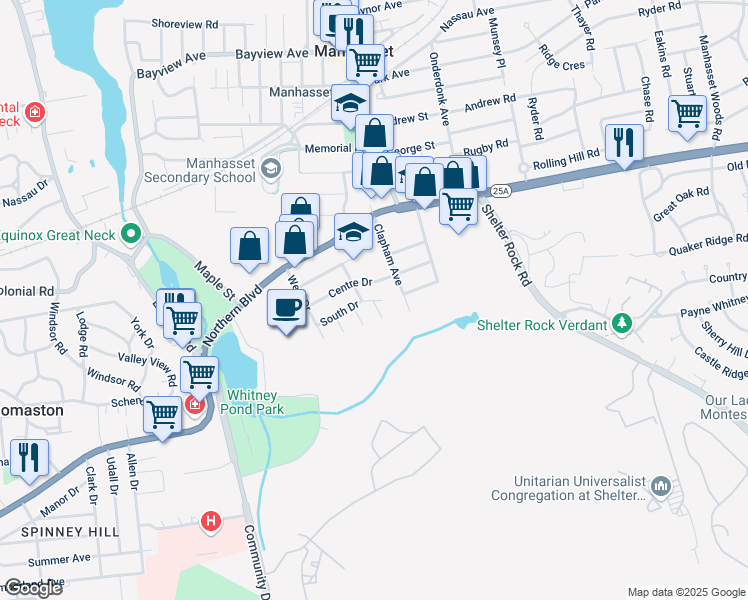 map of restaurants, bars, coffee shops, grocery stores, and more near 115 Clapham Avenue in Manhasset