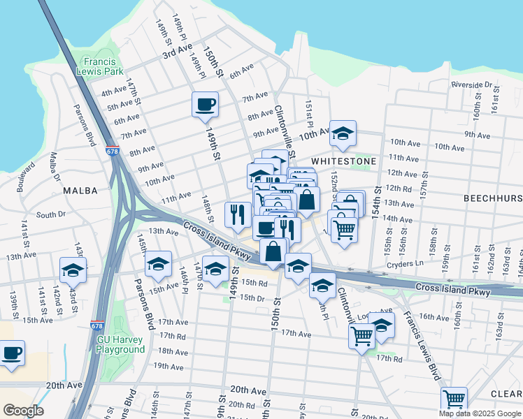map of restaurants, bars, coffee shops, grocery stores, and more near 149-38 12th Road in Queens