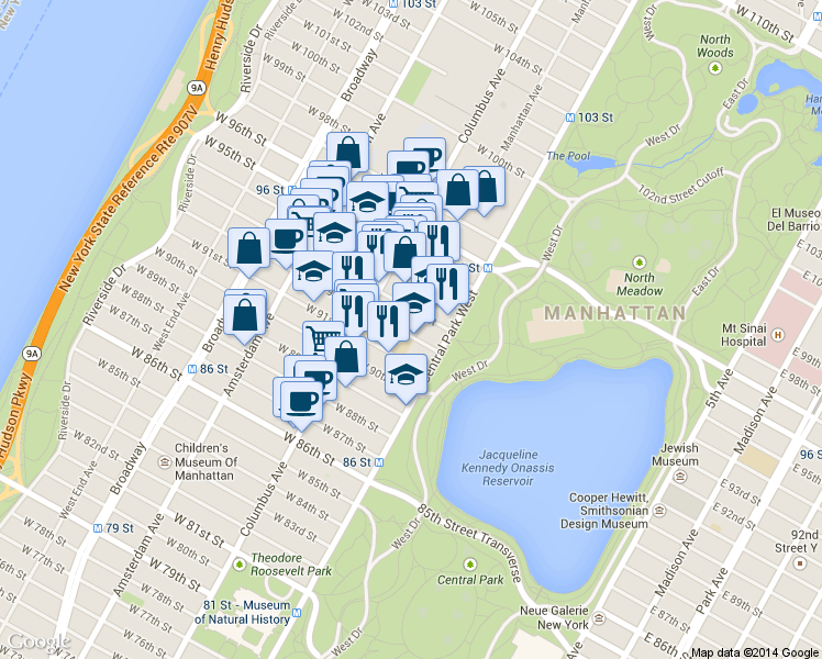 map of restaurants, bars, coffee shops, grocery stores, and more near 32 West 92nd Street in New York