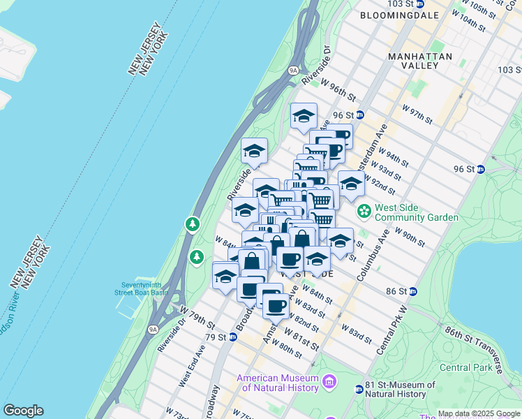 map of restaurants, bars, coffee shops, grocery stores, and more near 313 West 86th Street in New York