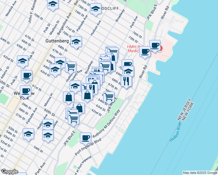 map of restaurants, bars, coffee shops, grocery stores, and more near 6612B Lincoln Place in West New York
