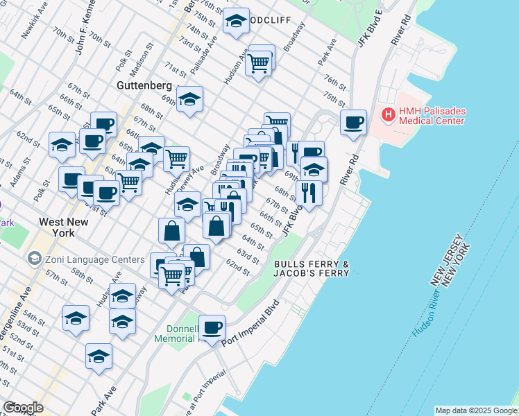 map of restaurants, bars, coffee shops, grocery stores, and more near 6612B Lincoln Place in West New York