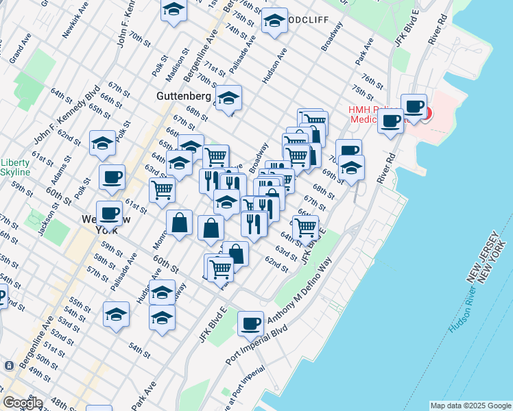 map of restaurants, bars, coffee shops, grocery stores, and more near 122 64th Street in West New York