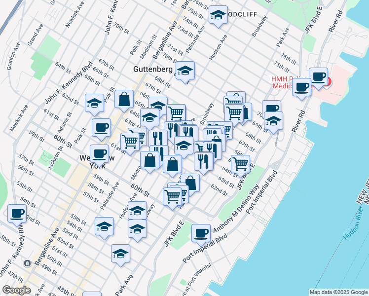 map of restaurants, bars, coffee shops, grocery stores, and more near 6304 Broadway in West New York