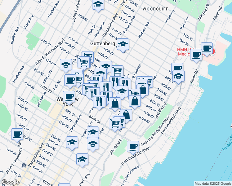 map of restaurants, bars, coffee shops, grocery stores, and more near 6200 Hudson Avenue in West New York
