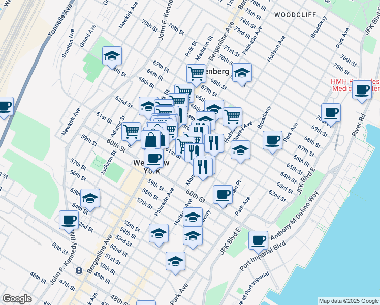 map of restaurants, bars, coffee shops, grocery stores, and more near 6107A Palisade Avenue in West New York