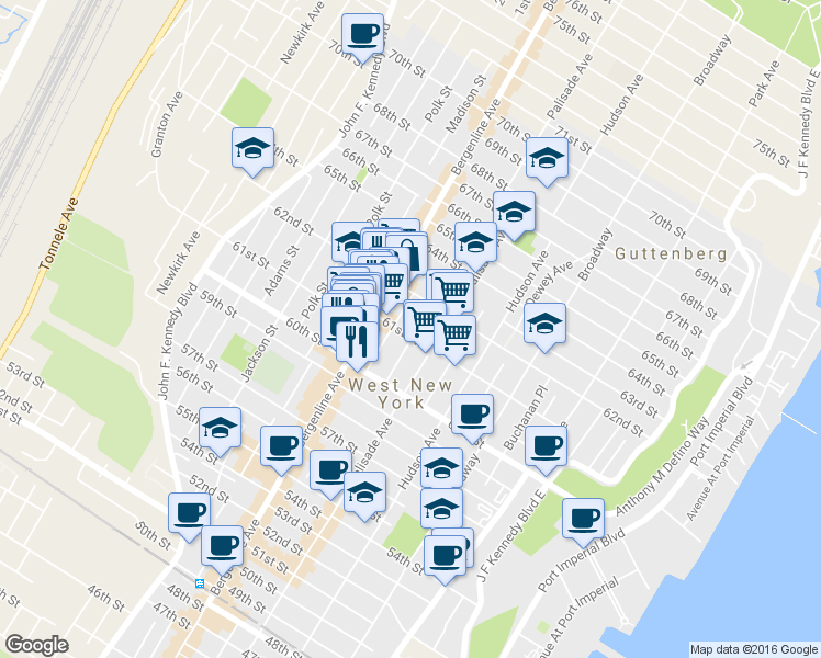 map of restaurants, bars, coffee shops, grocery stores, and more near 429 61st Street in West New York