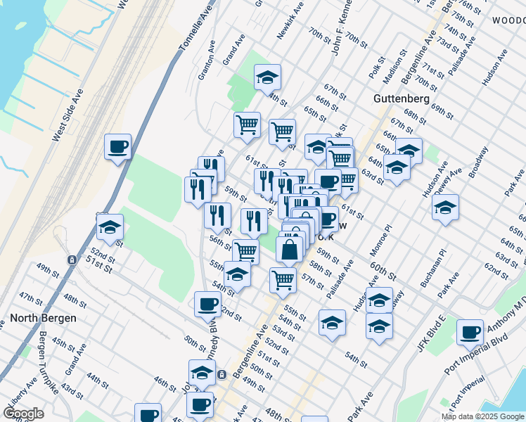 map of restaurants, bars, coffee shops, grocery stores, and more near 5812 Adams Street in West New York