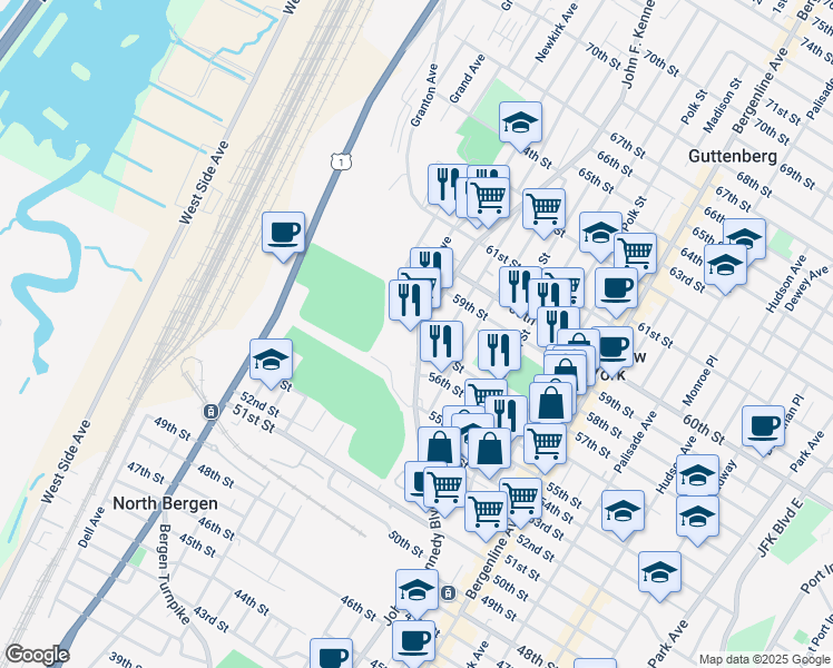 map of restaurants, bars, coffee shops, grocery stores, and more near in Hudson County