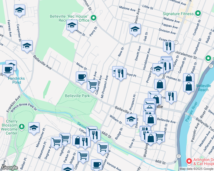 map of restaurants, bars, coffee shops, grocery stores, and more near 44 Mount Prospect Avenue in Belleville