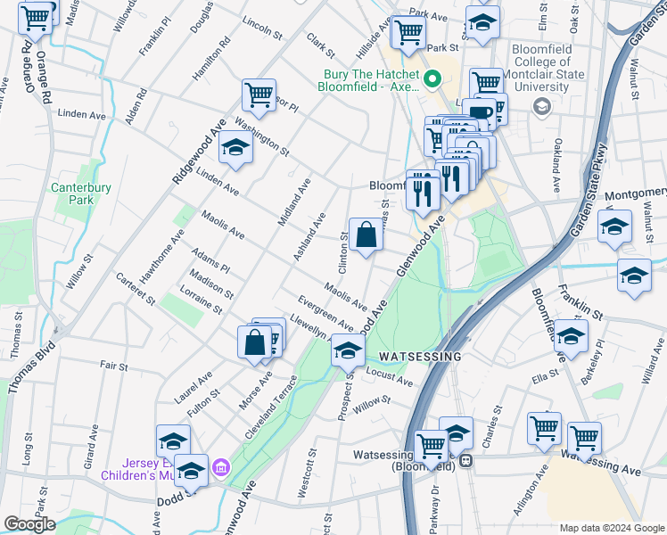 map of restaurants, bars, coffee shops, grocery stores, and more near 53 Maolis Avenue in Bloomfield