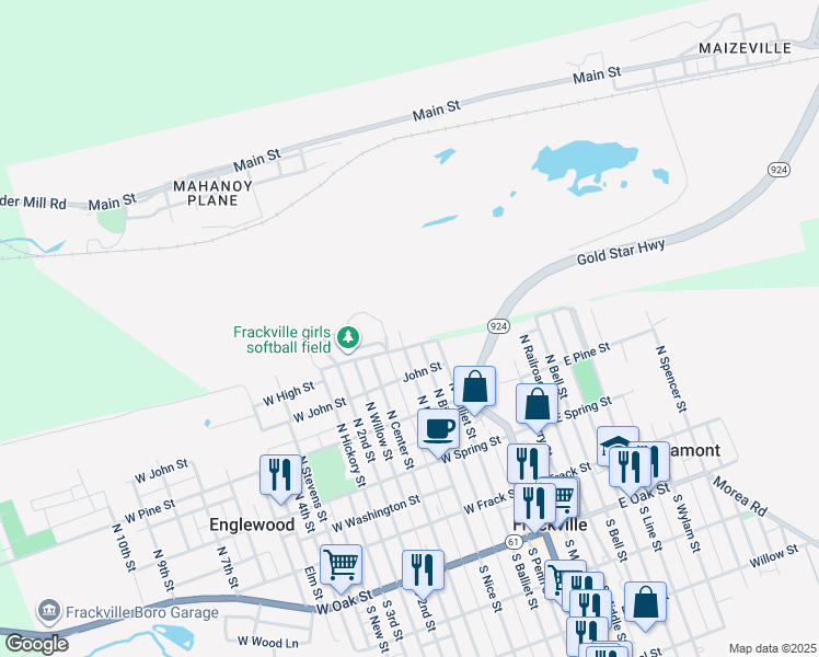map of restaurants, bars, coffee shops, grocery stores, and more near 419 North Nice Street in Frackville