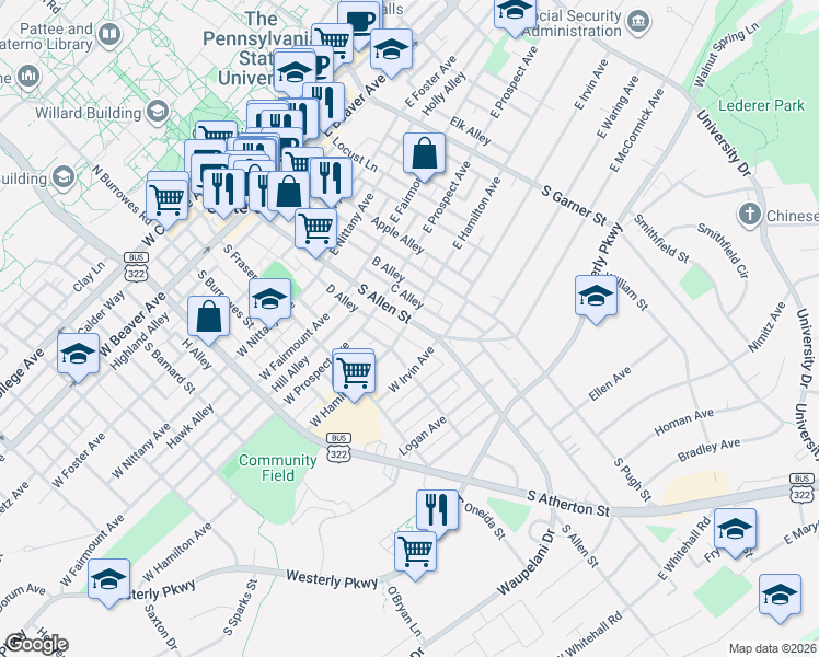 map of restaurants, bars, coffee shops, grocery stores, and more near in State College
