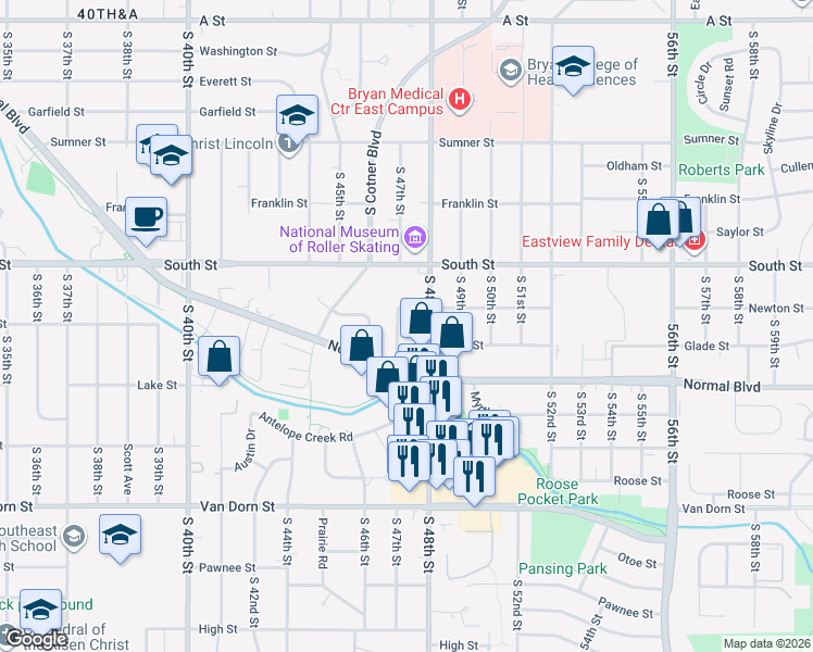 map of restaurants, bars, coffee shops, grocery stores, and more near 2241 South 48th Street in Lincoln