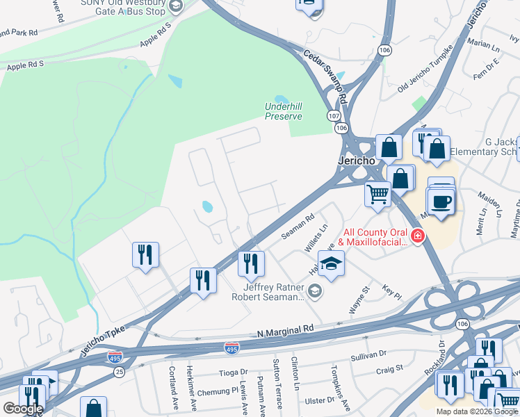 map of restaurants, bars, coffee shops, grocery stores, and more near 1 Holiday Pond Road in Jericho