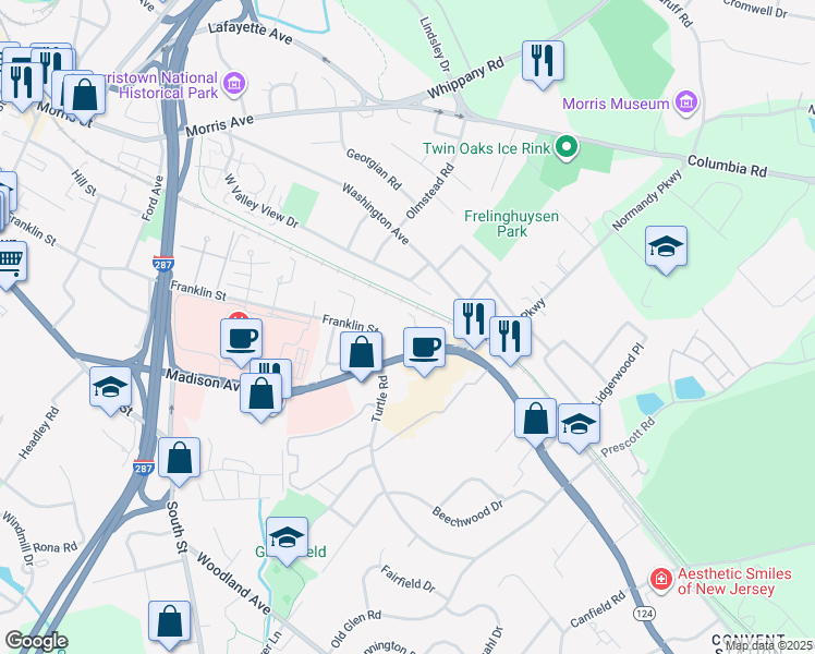 map of restaurants, bars, coffee shops, grocery stores, and more near 34 Twombly Court in Morristown