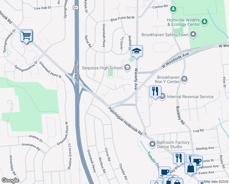 map of restaurants, bars, coffee shops, grocery stores, and more near 46 Blue Point Road East in Holtsville