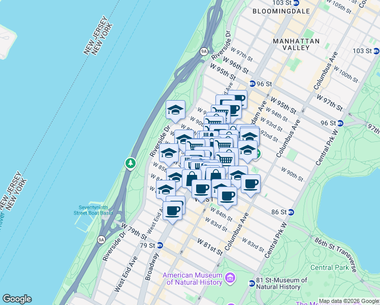 map of restaurants, bars, coffee shops, grocery stores, and more near 565 West End Avenue in New York