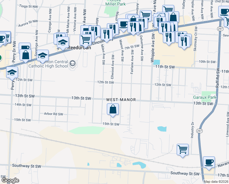 map of restaurants, bars, coffee shops, grocery stores, and more near 1244 Ellwood Avenue Southwest in Canton