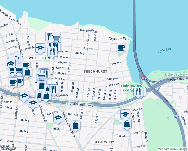 map of restaurants, bars, coffee shops, grocery stores, and more near 13-03 162nd Street in Queens
