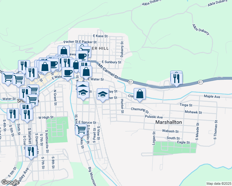map of restaurants, bars, coffee shops, grocery stores, and more near 201-299 North Lombard Street in Shamokin