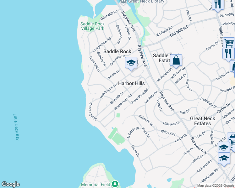 map of restaurants, bars, coffee shops, grocery stores, and more near 26 Bayside Drive in Great Neck
