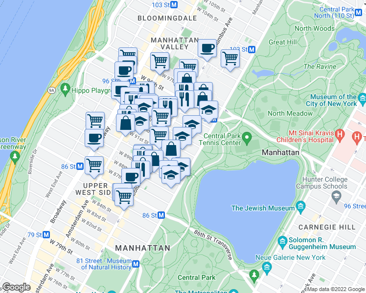 map of restaurants, bars, coffee shops, grocery stores, and more near 32 West 92nd Street in New York
