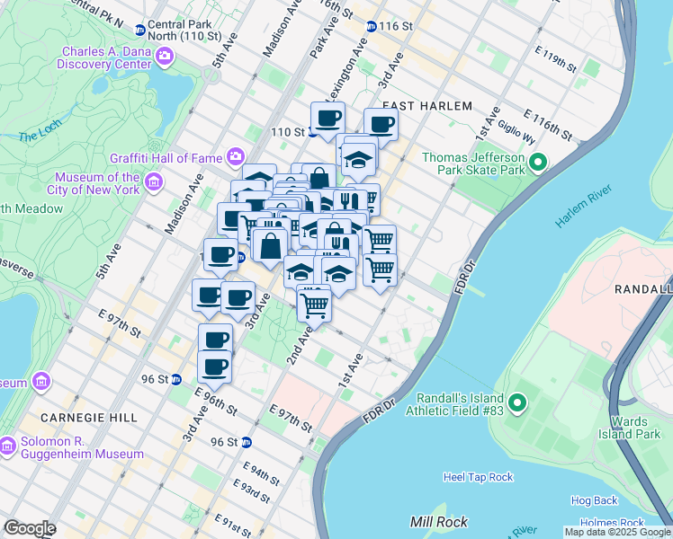 map of restaurants, bars, coffee shops, grocery stores, and more near in New York