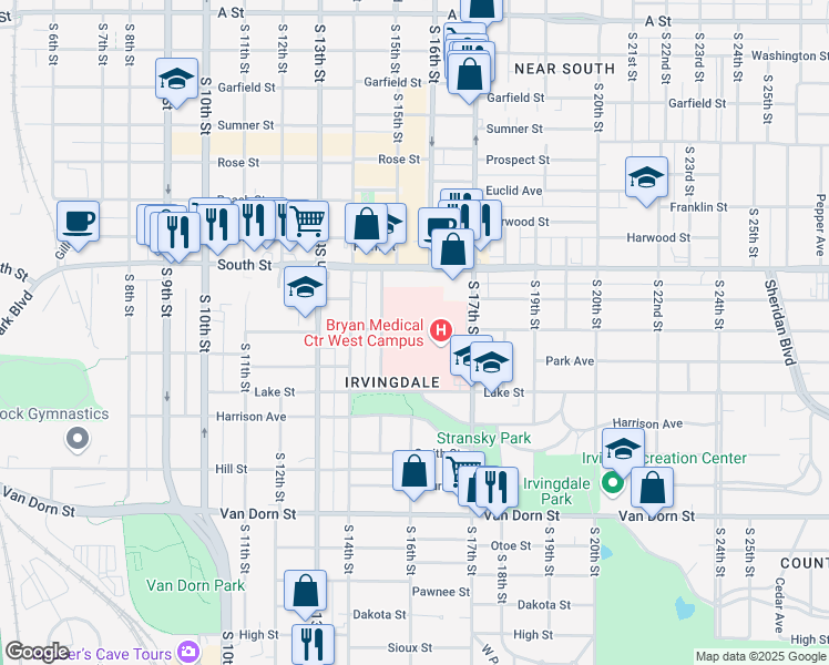 map of restaurants, bars, coffee shops, grocery stores, and more near 2222 South 16th Street in Lincoln
