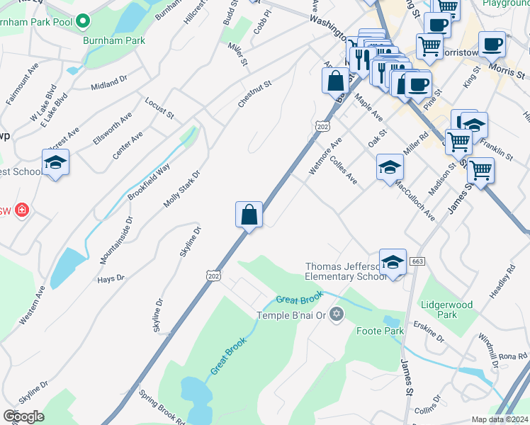 map of restaurants, bars, coffee shops, grocery stores, and more near 90 Mount Kemble Avenue in Morristown