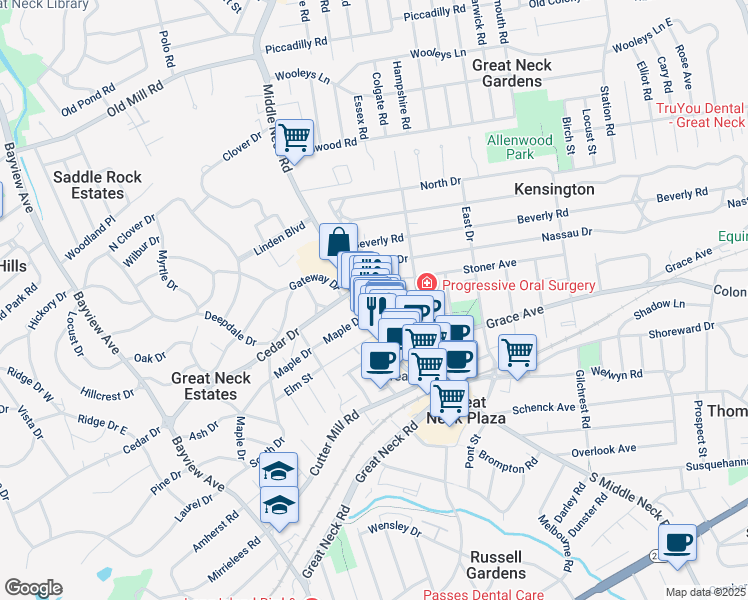 map of restaurants, bars, coffee shops, grocery stores, and more near 17 Maple Drive in Great Neck