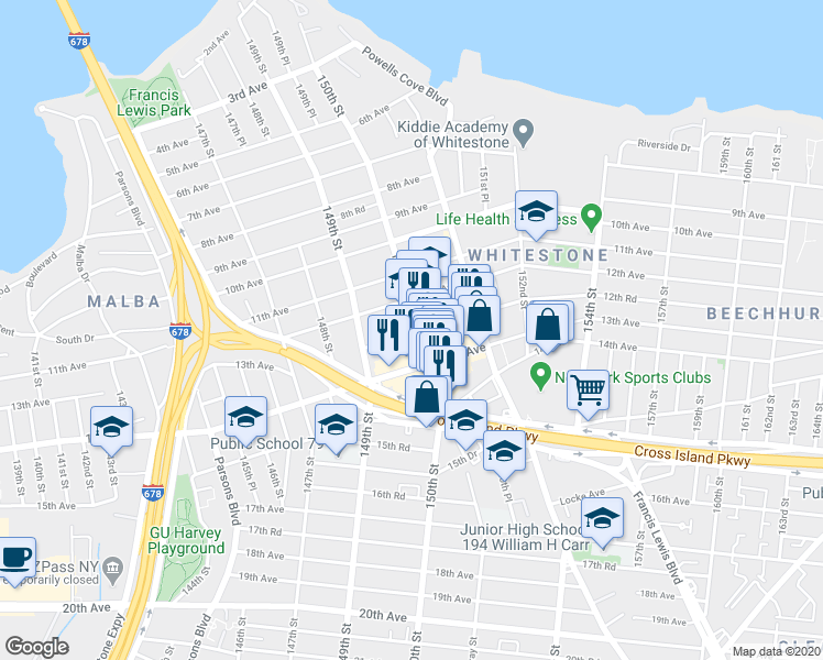 map of restaurants, bars, coffee shops, grocery stores, and more near 12-28 150th Street in Queens