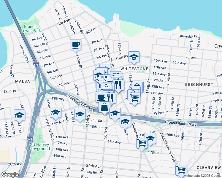 map of restaurants, bars, coffee shops, grocery stores, and more near 12-47 150th Street in Queens