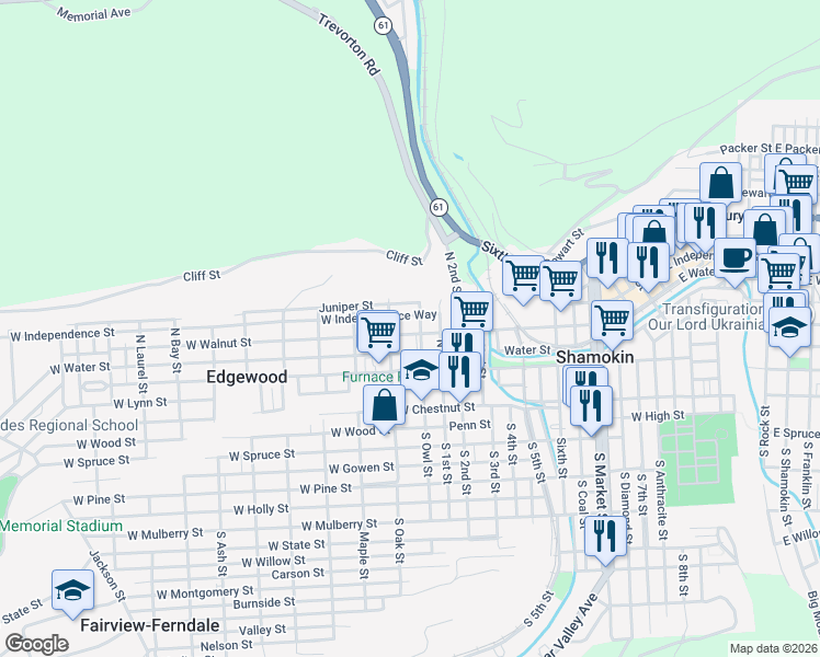 map of restaurants, bars, coffee shops, grocery stores, and more near 838-898 W Walnut St in Township of Coal