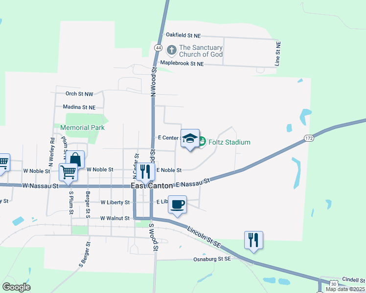 map of restaurants, bars, coffee shops, grocery stores, and more near 310 Willow Street in East Canton