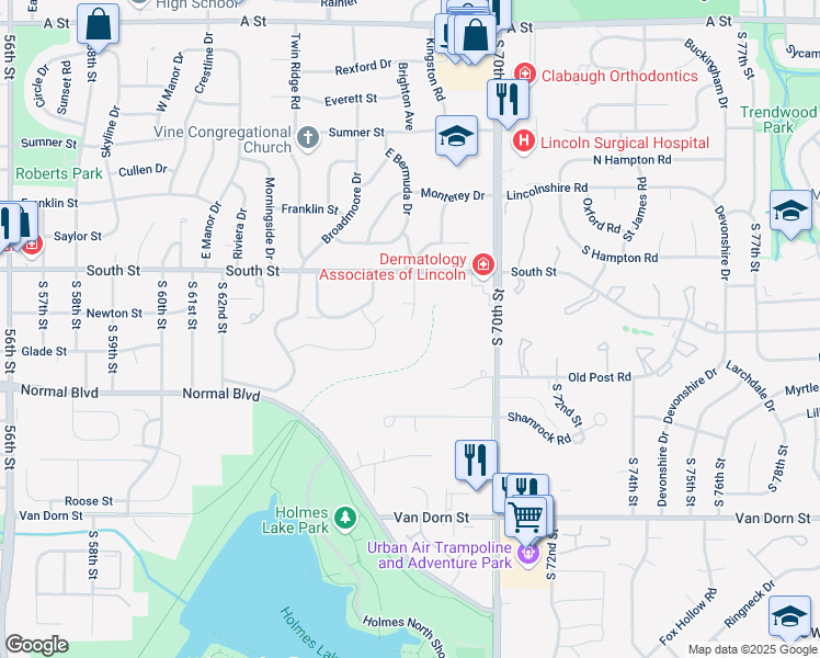 map of restaurants, bars, coffee shops, grocery stores, and more near 2233 South Brandt Circle in Lincoln