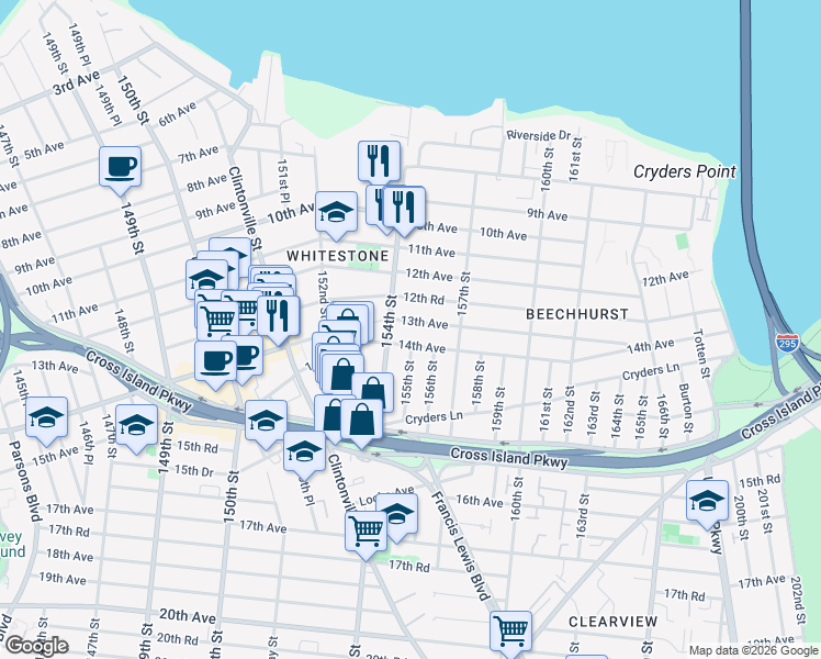 map of restaurants, bars, coffee shops, grocery stores, and more near 155-15 14th Avenue in Queens