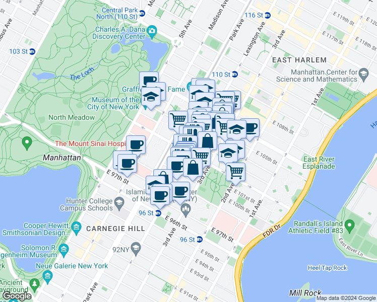 map of restaurants, bars, coffee shops, grocery stores, and more near 129 East 102nd Street in New York