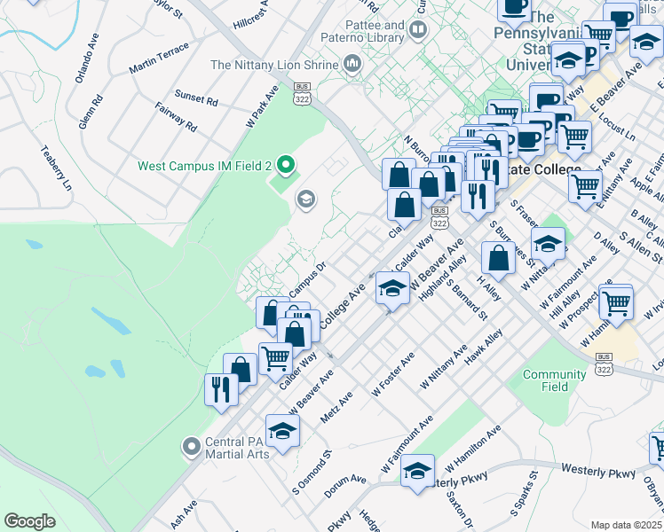 map of restaurants, bars, coffee shops, grocery stores, and more near 129 North Sparks Street in State College