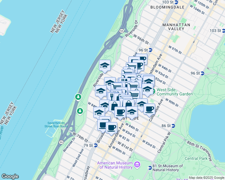map of restaurants, bars, coffee shops, grocery stores, and more near 269 West 87th Street in New York