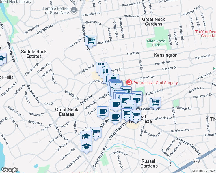 map of restaurants, bars, coffee shops, grocery stores, and more near 8 Cedar Drive in Great Neck