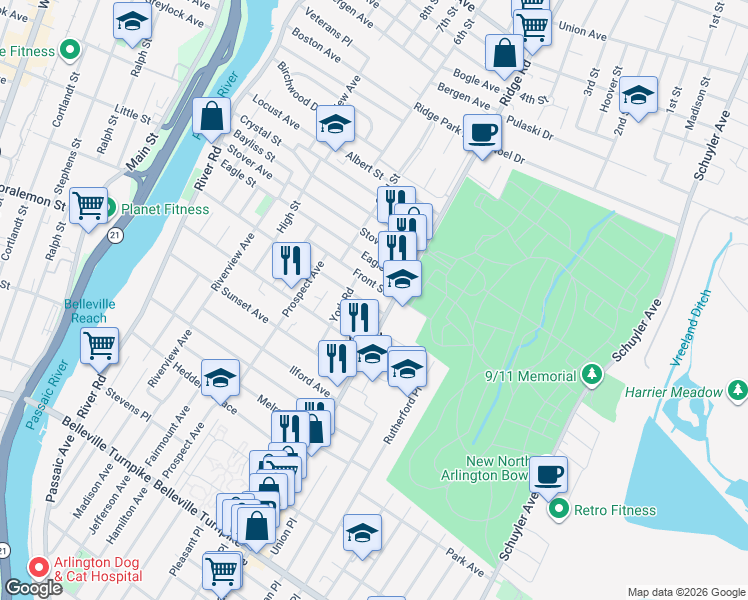 map of restaurants, bars, coffee shops, grocery stores, and more near 223 Ridge Road in North Arlington