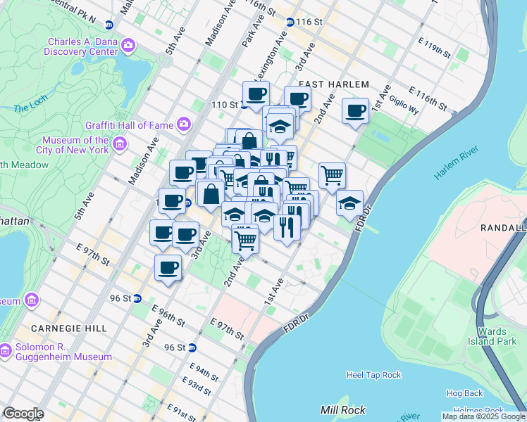 map of restaurants, bars, coffee shops, grocery stores, and more near 306 East 105th Street in New York