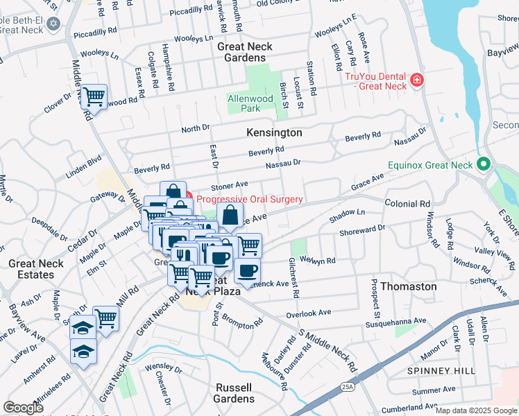 map of restaurants, bars, coffee shops, grocery stores, and more near 21 Canterbury Road in Great Neck