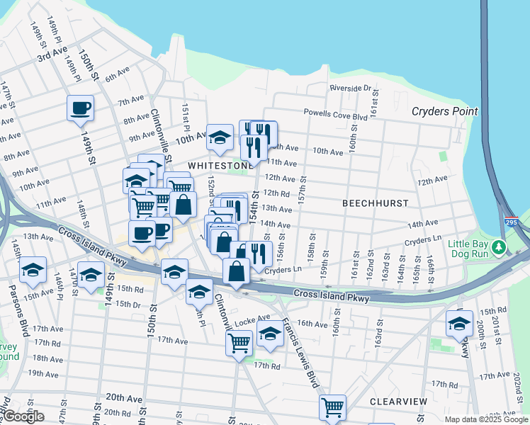 map of restaurants, bars, coffee shops, grocery stores, and more near in Queens