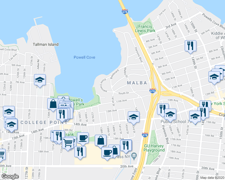 map of restaurants, bars, coffee shops, grocery stores, and more near 141-14 South Drive in Queens