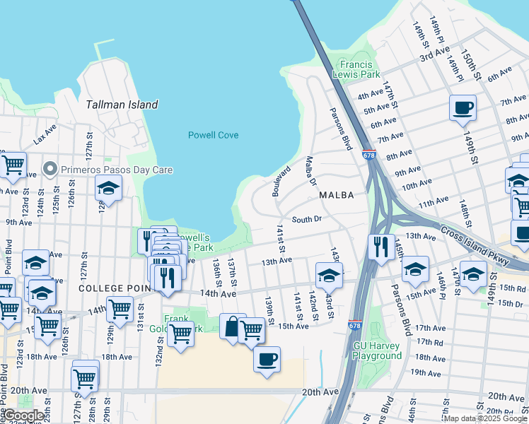 map of restaurants, bars, coffee shops, grocery stores, and more near 750 Point Crescent in Queens