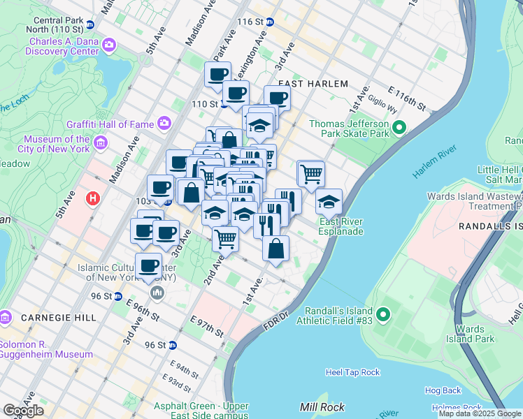 map of restaurants, bars, coffee shops, grocery stores, and more near 306 East 105th Street in New York