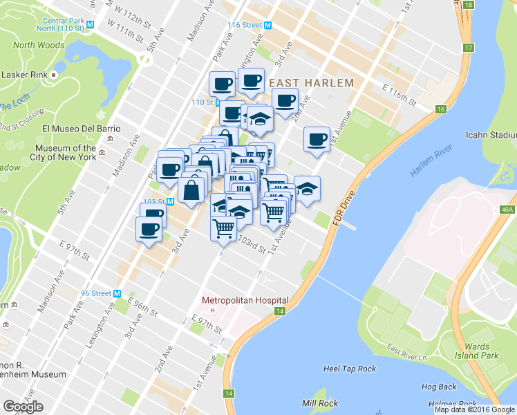 map of restaurants, bars, coffee shops, grocery stores, and more near 306 East 105th Street in New York