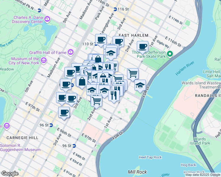 map of restaurants, bars, coffee shops, grocery stores, and more near 306 East 105th Street in New York